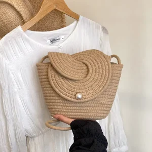 Small Women’s Linen Crossbody Shoulder Bag with Woven Straw Design Single Strap Street Fashion Style for Leisure Travel