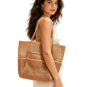 Soft Large Woven Shoulder Bag Mesh Beach Tote Bag Large Foldable Mesh Swimming Travel Bags