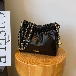 Soft PU Small Fashionable Pleated Chain Single Strap Shoulder Bag Summer Stylish Casual Drawstring Crossbody Bag