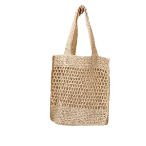 Solid Color Hollow Crochet Woven Straw Tote Bag Lightweight Mesh Beach Shopping Shoulder Handbag