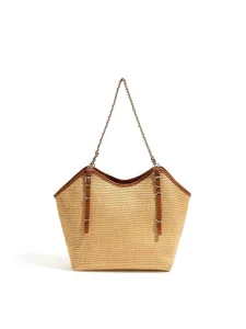 Solid Color Large Capacity Sea Grass Woven French Basket Beach Tote Bag Women Open Closure Shoulder New Mexico Style