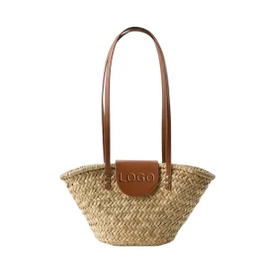 Solid Color Straw Handbags Large Capacity PU Handle Embossed Printing LOGO Customization Beach Shoulder Tote Bags Summer