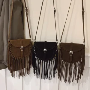 Sophisticated Matte Suede Tassel Saddle Bag Trendy Caramel toned Shoulder Crossbody Women Flap style Closure European American