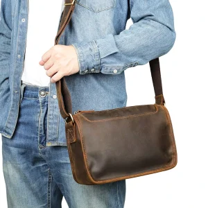 Spot Custom Factory Batch Handmade Crazy Horse Leather Genuine Men’s Shoulder Bag Cowhide Horizontal Simple Vintage Waterproof