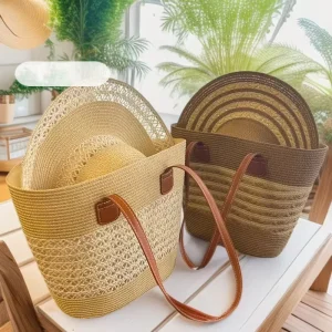 Spring Seaside Getaway Unique Straw Bag Woven Large Capacity Zipper Polyester Shoulder Tote Chains Cell Phone Pocket