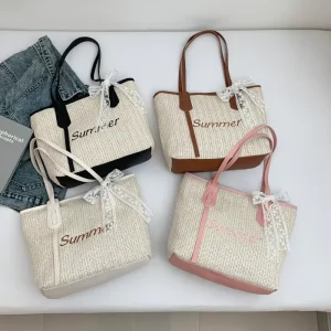 Spring Seaside Vacation Style Large Capacity Beach Bag Trendy Street Fashion Minimalist Woven Tote Zipper Polyester