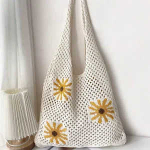 Spring Summer Fashion Lightweight Women’s Tote Bags Two Open Woven Crochet Flowers Hollowed Knitted Beach Shopping
