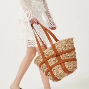 Spring Summer New Handmade Straw Woven Zipper Closure Two Straps Large Capacity Shoulder Rattan Woven Beach Handbag for Women