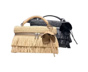 Spring Summer Vacation Straw Square Box Handbag Tassel Design Handheld Crossbody Shoulder Bag for Women