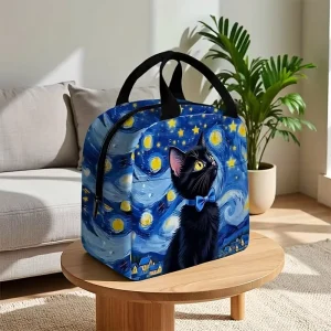 Starry Night Art Black Cat Print Insulated Polyester Lunch Bag Aesthetic Thermal Meal Tote Women Portable Picnic