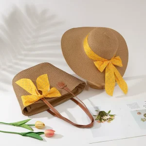 Straw Bag Hat Bow Color blocking Versatile Outdoor Sun Protection Breathable Handbag