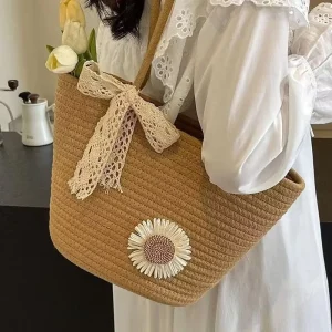 Straw Woven Tote Bag Large Cotton Rope Shoulder Bag with Lace Bow Casual Beach & Vacation Purse