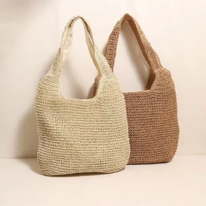 Straw Woven Two-Handle Stripe Casual Tote Bag Large Capacity Minimalist Womens Handmade