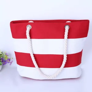 Stripe Shoulder Shopping Tote Bag Zipper Open Closure Eco-friendly Reusable Cotton Canvas Beach Bag