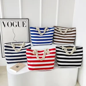 Striped Canvas Tote Bag for Students Online Shopping Shoulder Bag Outdoor Large Capacity Main Fashion Bag