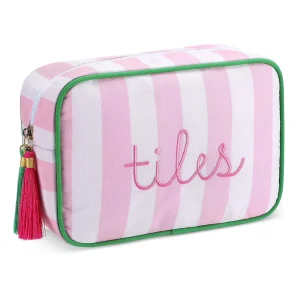 Striped Embroidery Design Eco Friendly Portable Organizer for Mahjong Tiles Polyester Canvas Zipper Tassel Storage Bag