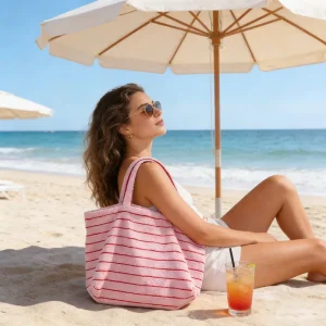 Striped Travel Shoulder Bag Lightweight Cotton Terry Tote Bag for Beach Daily