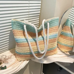 Stylish Two Strap Zipper Closure Shoulder Bag for Women Rainbow Striped Color Block Straw Large Capacity Beach Holiday