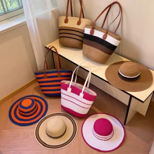 Summer Beach Bag Hat Set Large Capacity Woven Straw Tote Bag Striped Handbag Women Holiday Seaside Shoulder Bag Sun Hat
