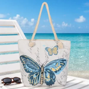 Summer Beach Bag Holiday High Quality Embroidery Travel Big Capacity Cotton Rope Handle Womens Canvas Beach Tote Bag