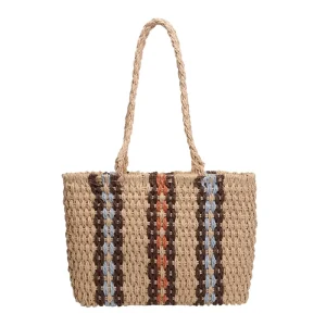 Summer Beach Large Capacity Woven Bag for Women New Ethnic Style Color blocked Shoulder Rattan Basket Straw Bag