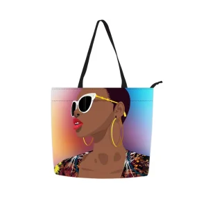 Summer Beach Portable Open Polyester Tote Bag for Women Printed African Girl Design Black Color All Seasons Travel Use