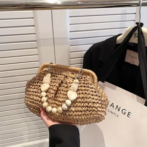Summer Beach Pouch Clutch Straw Bag Cloud Dumpling Pouch Straw Crossbody Shoulder Handbag Handmade Crochet Bag