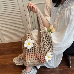 Summer Beach Tote Handbag Ladies Trend Hand Knit Shoulder Bags Women Hollow Out Crochet Bag