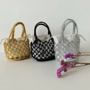 Summer Beach Two Open Embroidery Tassel Hollow Gold Silver Thread Net Tote Shopping Bag Women Bright Rope Macrame Crochet Woven