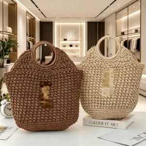Summer Customizable Women Handmade Crochet Hollow Straw Bag Large Capacity Round Handle Tote Designer Beach Bag