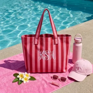Summer Fashion Hot Pink Striped Large Capacity Water Resistant Canvas Beach Tote Women Travel Shoulder Bag For Gym & Shopping