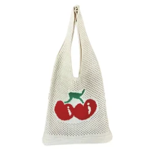 Summer Handmade Polyester Hollow Knitted Open Beach Tote Bag Fashionable Large Capacity Shoulder Cross border Cherry Pattern