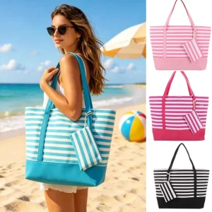 Summer Large Capacity Color Block Striped Canvas Women’s Tote Bag Beach Travel Shoulder Bag with Coin Purse