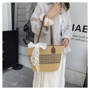 Summer Seasonal Women’s Tote Bag with Woven Straw Large Capacity Open Mouth Synthetic Leather Lining for Fashion