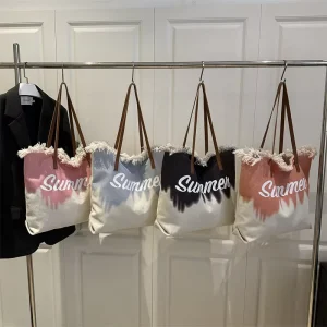 Summer Tote Bag Canvas Handbag Women Beach Bag Casual Simple Vacation Shoulder Bag Gradient Color Tassel