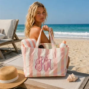 Summer Travel Beach Tote Bag Bridesmaid Gift Shoulder Bag Embroidered Striped Canvas Tote Bag
