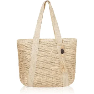 Summer Trendy Large Shoulder Bag Waterproof Portable Straw Crochet Woven Tote Handbag Boho Purse Beach Bag Daily Use Straw Bag
