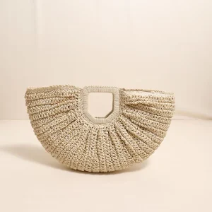 Summer Trendy Open-Closure Handheld Beach Bag Simple Solid Color Woven Moon Style with Stone Pattern Mainly Made of Straw