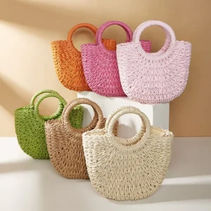 Summer Trendy Straw Woven Bag Fashion style Diagonal Beach Bag with Open Closure Type and Stone Pattern