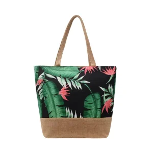 Summer Tropical Floral Printed Beach Bags Ladies Big Shoulder Tote Bag Casual Women’s Canvas Handbags for Shopping