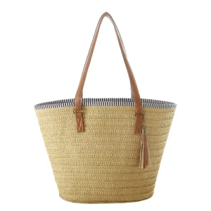 Summer Two Straps Lady Tote Bag Women Large Capacity Fashionable Straw Zip Portable Stylish Tassels Spring Autumn