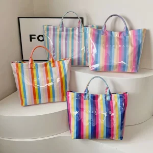 Summer Vacation Beach Bag PVC Waterproof Tote Bag Rainbow Striped Large Capacity Jelly Bag Travel Handbag Laptop Bag