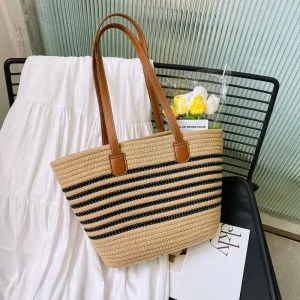 Summer Versatile Shoulder Bag for Women Woven Grass Bag Large Capacity Zipper Closure PU Commuting Beach Bag