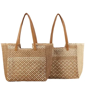 Summer Women Straw Woven Tote Bag Large Capacity Zipper Handmade Raffia Shoulder Handbag Hollow Out Knitting Beach Bag