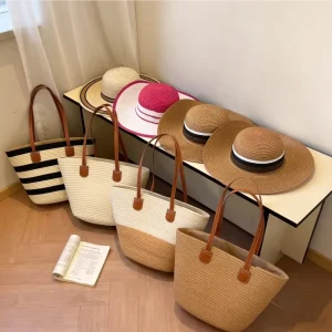 Summer Women’s Eco-Friendly Cotton Rope Woven Fashion Portable Tote Bag ZIP Closure Large Capacity Casual Shoulder Beach Handbag