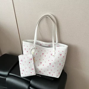 Sweet Bow Floral Pu Leather Shoulder Bags for Women Large Capacity Ladies Tote Bag College Style Girls Handbags with Wallet