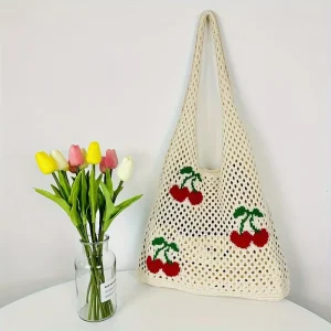 Sweet Cherry Blossom Crochet Beach Tote Portable Lightweight Shoulder Bag Hollow Design Women Spring