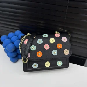 Sweet Floral Patterned Women’s Bag Mini Crossbody Bag with 3D Colorful Flowers Decorative Chain Small Square
