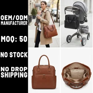 Tan Leather Nappy Tote with Brown Microfiber Leather and Straps for Stroller