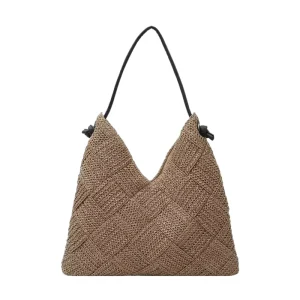 Textured Diamond Weave Tote Bag Smooth Leather Shoulder Strap Knot Fastener Large Soft Slouch Design Casual Daily Handbag